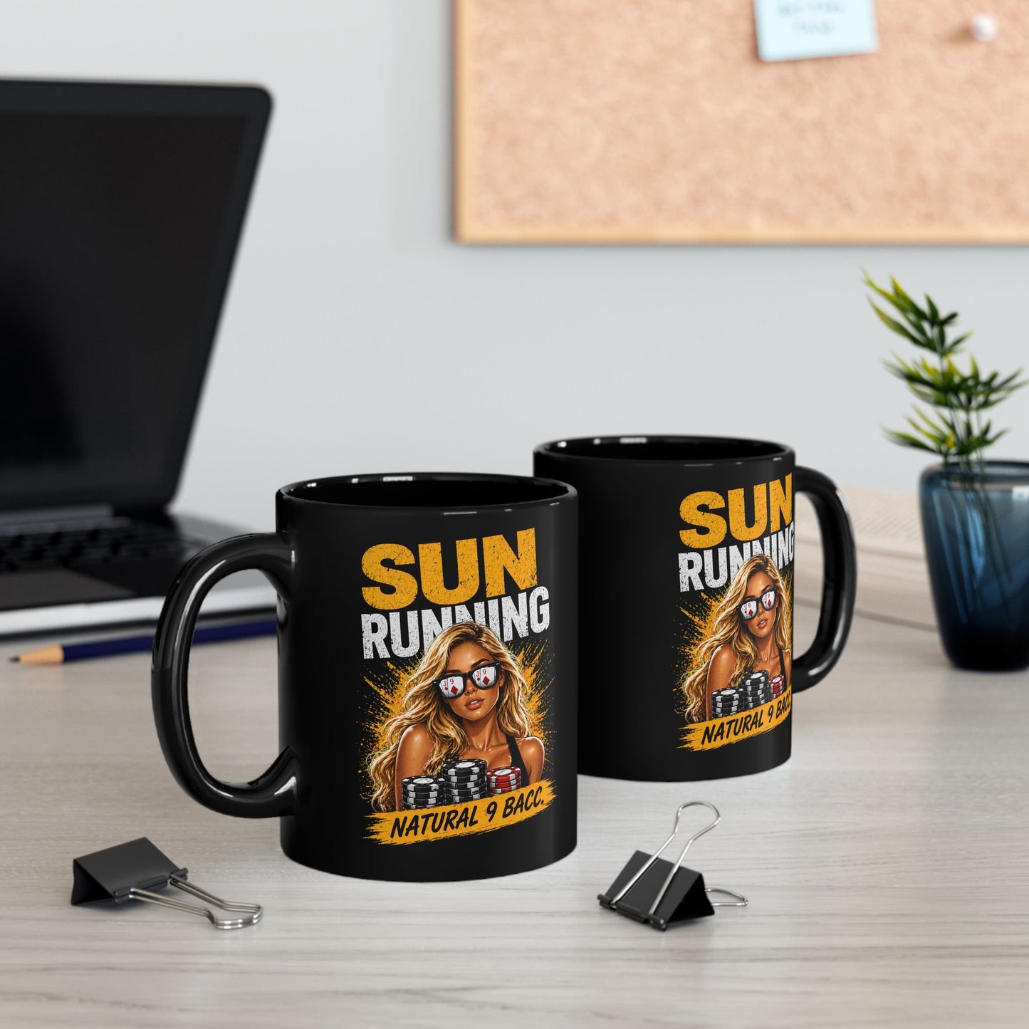 Black Mug — "Sun Running" Graphic Coffee Cup
