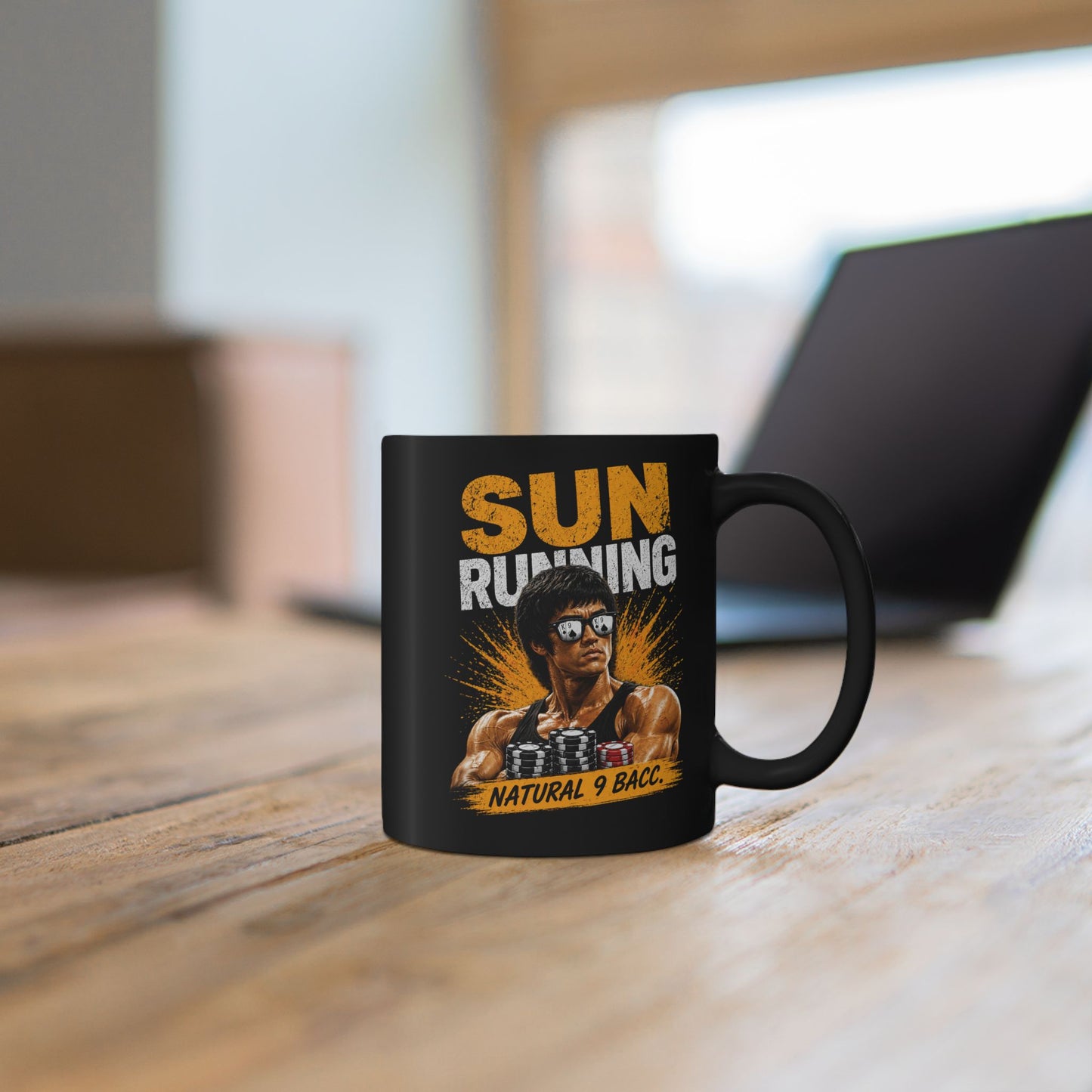 Sun Running Black Mug — Retro Bodybuilder
