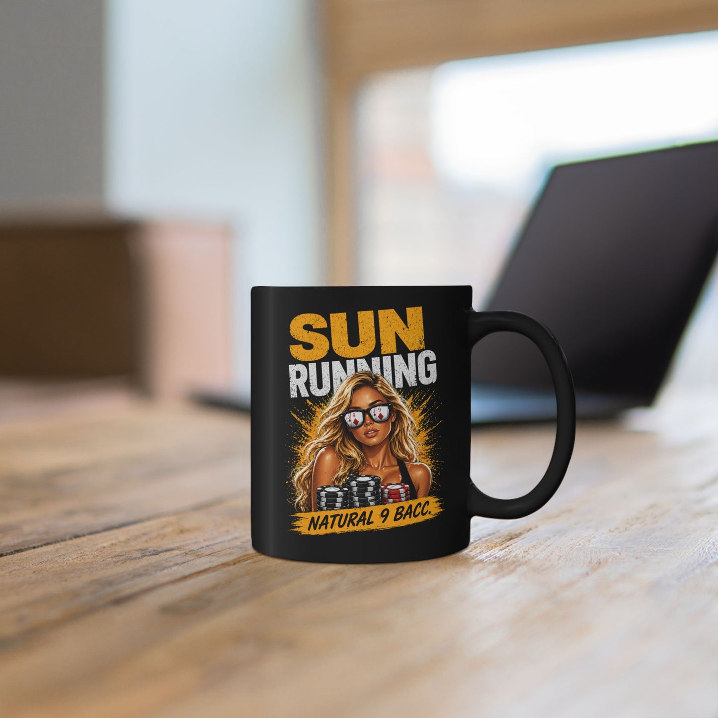 Black Mug — "Sun Running" Graphic Coffee Cup