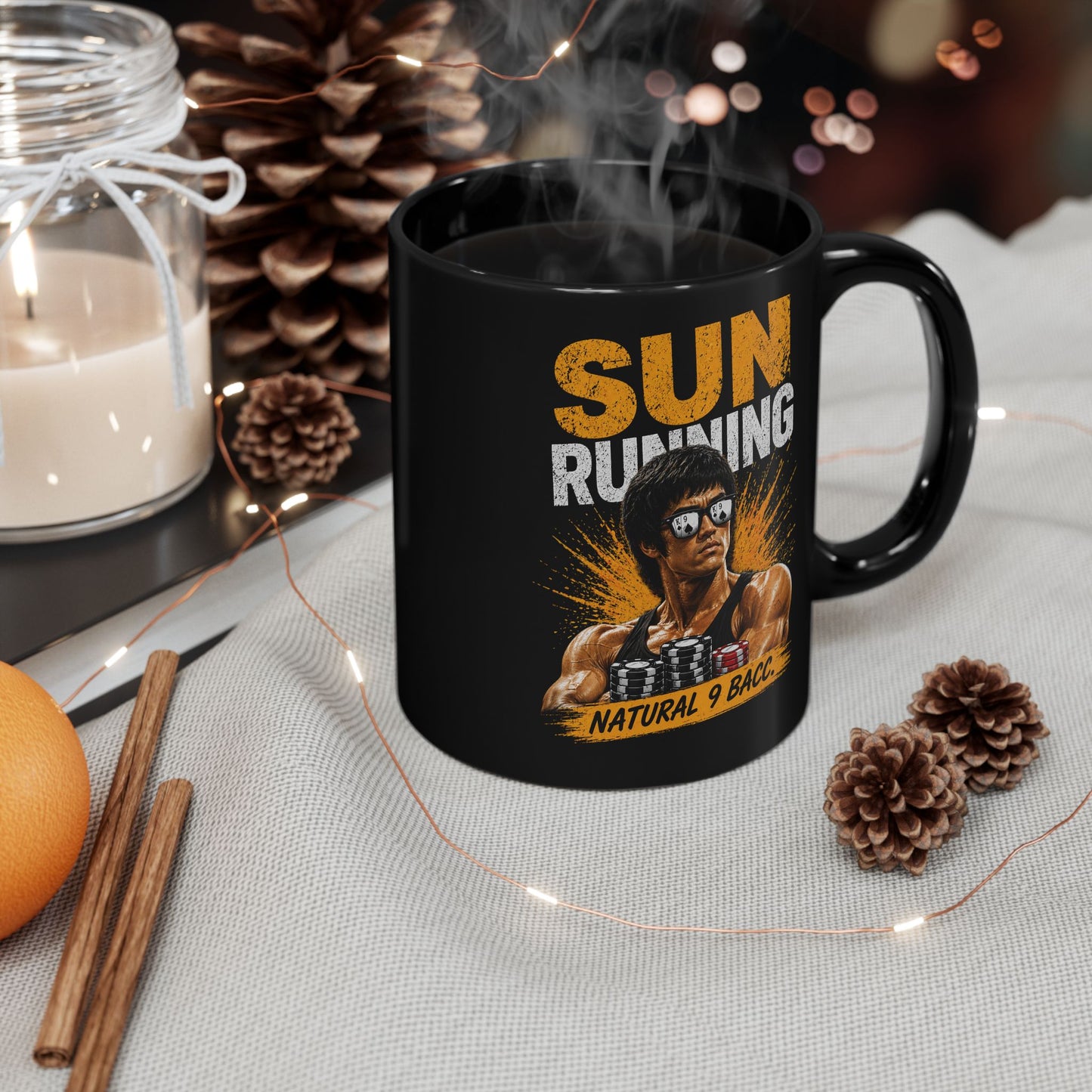 Sun Running Black Mug — Retro Bodybuilder