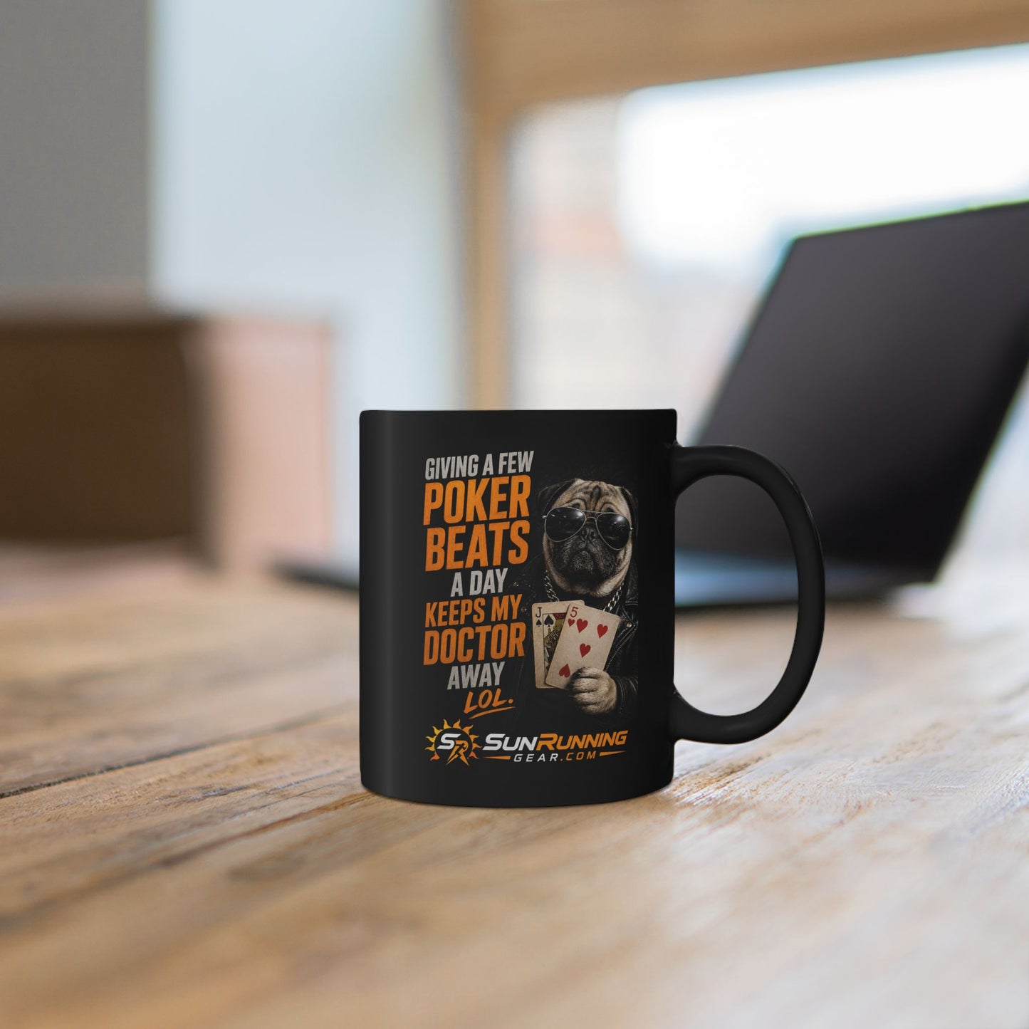 Poker Pug Mug — "Giving a Few Poker Beats a Day Keeps My Doctor Away" Black Coffee Mug