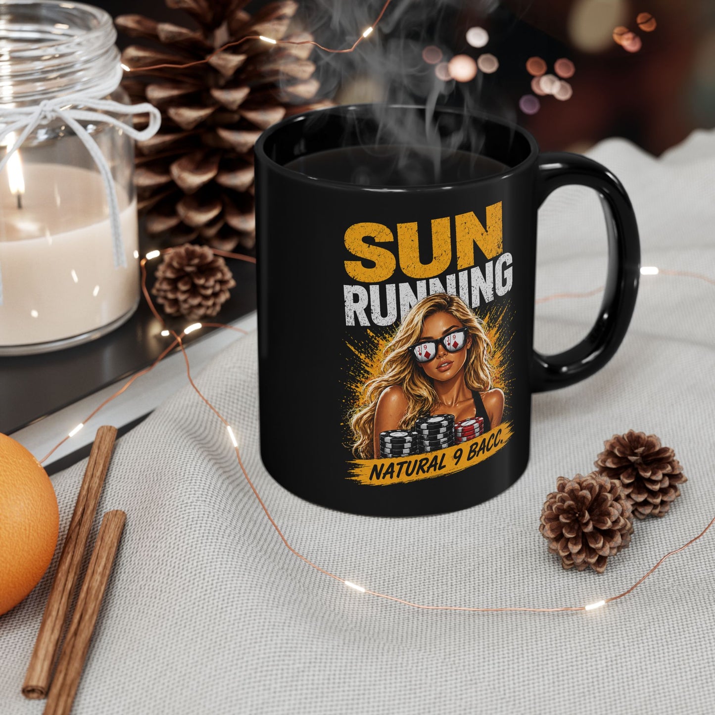 Black Mug — "Sun Running" Graphic Coffee Cup