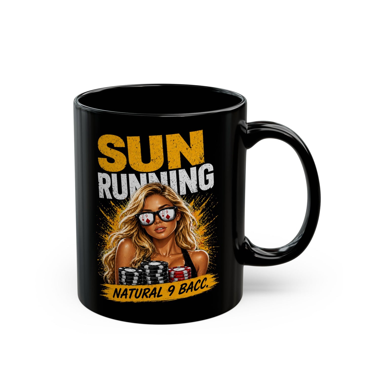Black Mug — "Sun Running" Graphic Coffee Cup