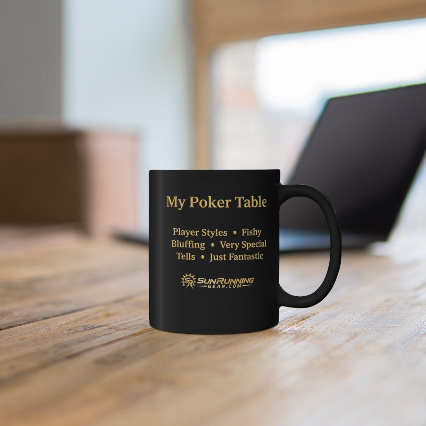 Poker Table Mug — Black Coffee Cup with Gold "My Poker Table" Design, Funny Poker Player Gift (11oz/15oz)