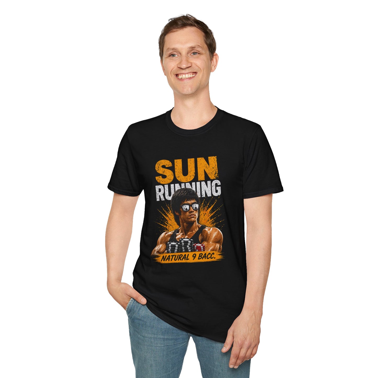 Sun Running T-Shirt — "Natural 9 Bacc." Retro Bodybuilding Tee