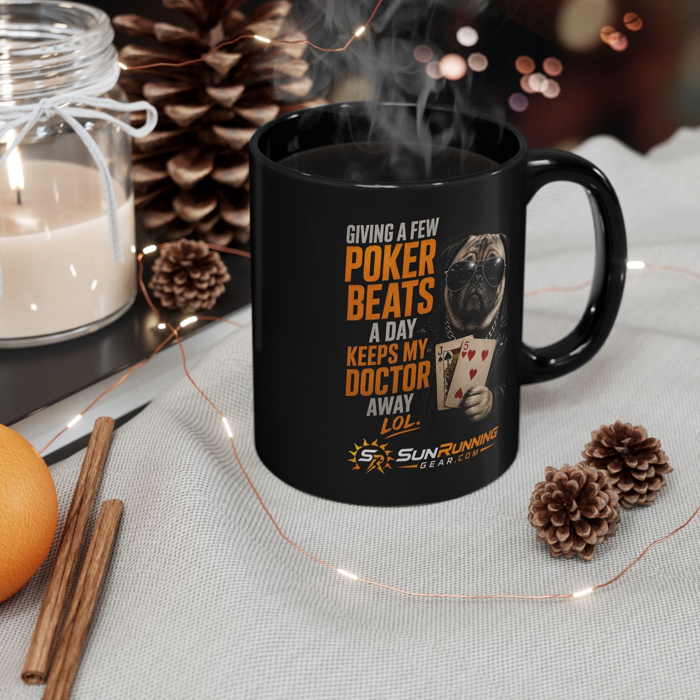 Poker Pug Mug — "Giving a Few Poker Beats a Day Keeps My Doctor Away" Black Coffee Mug