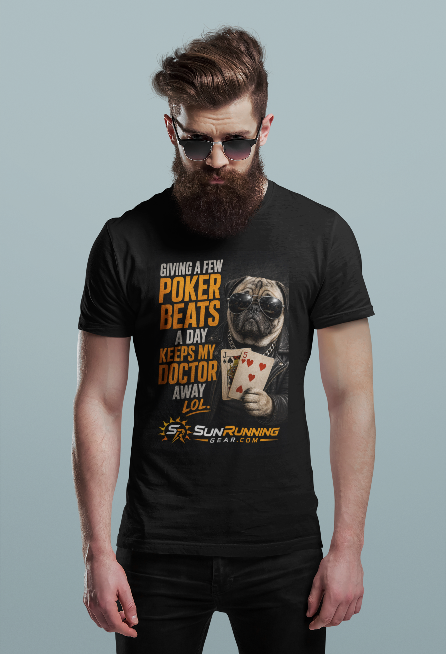Poker Pug T-Shirt — "Giving a Few Poker Beats a Day Keeps My Doctor Away" Funny Card Player Tee