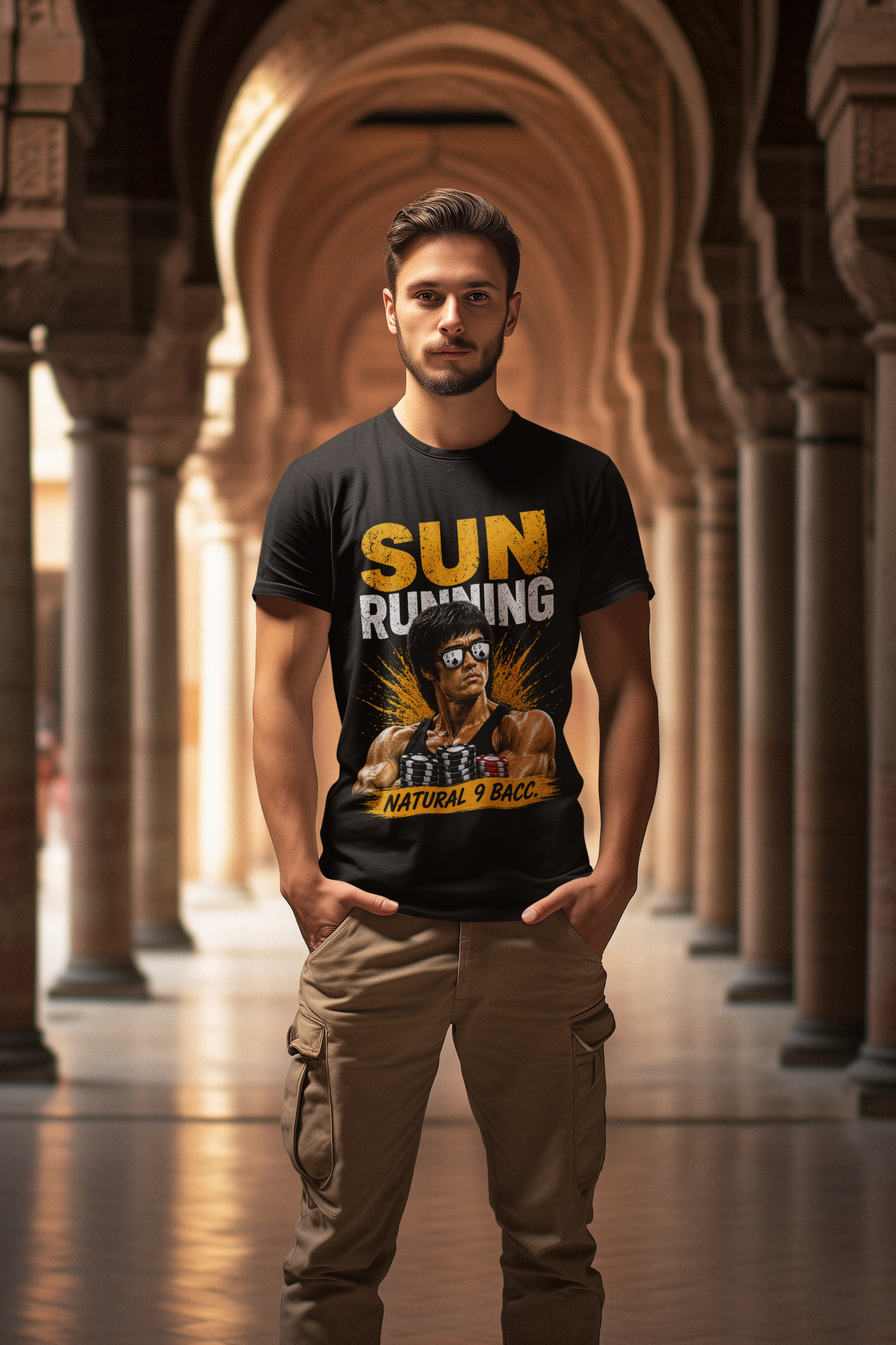 Sun Running T-Shirt — "Natural 9 Bacc." Retro Bodybuilding Tee